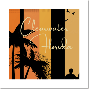 Clearwater Florida palm tree surfer design Posters and Art